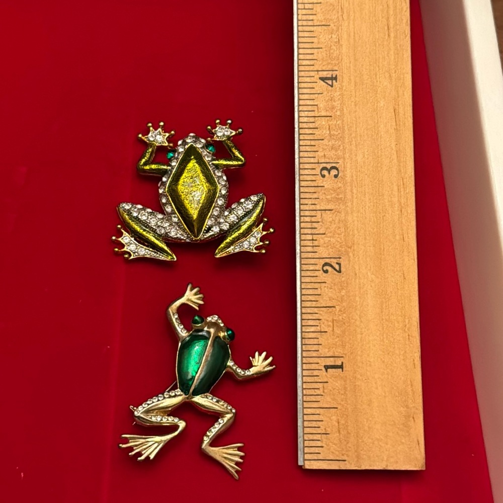 TWO Rhinestone Enamel Frog Brooch Pins